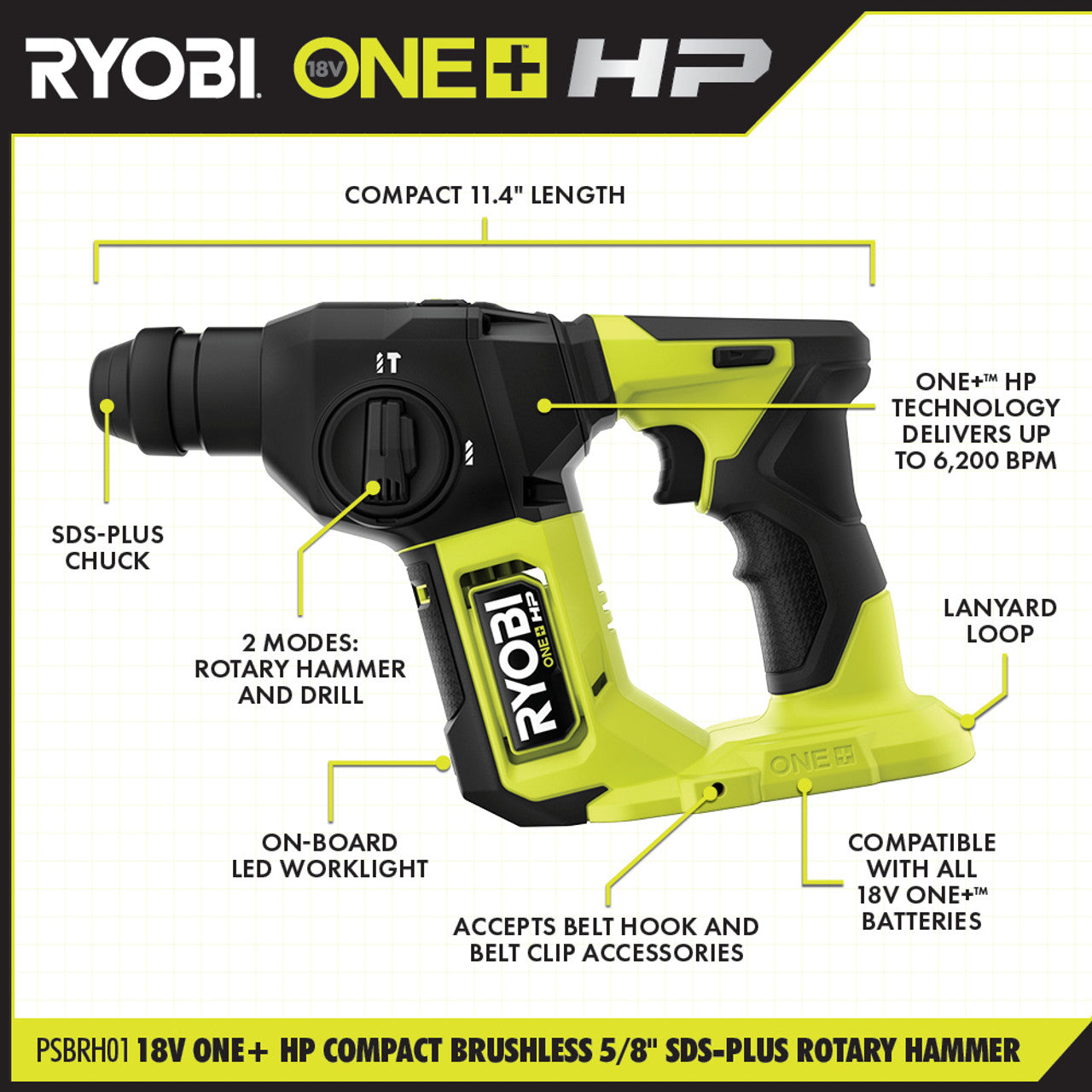 Like New - RYOBI 18V ONE+ HP Compact Brushless 5/8-inch SDS-Plus Rotary Hammer Drill (Tool-Only) PSBRH01B