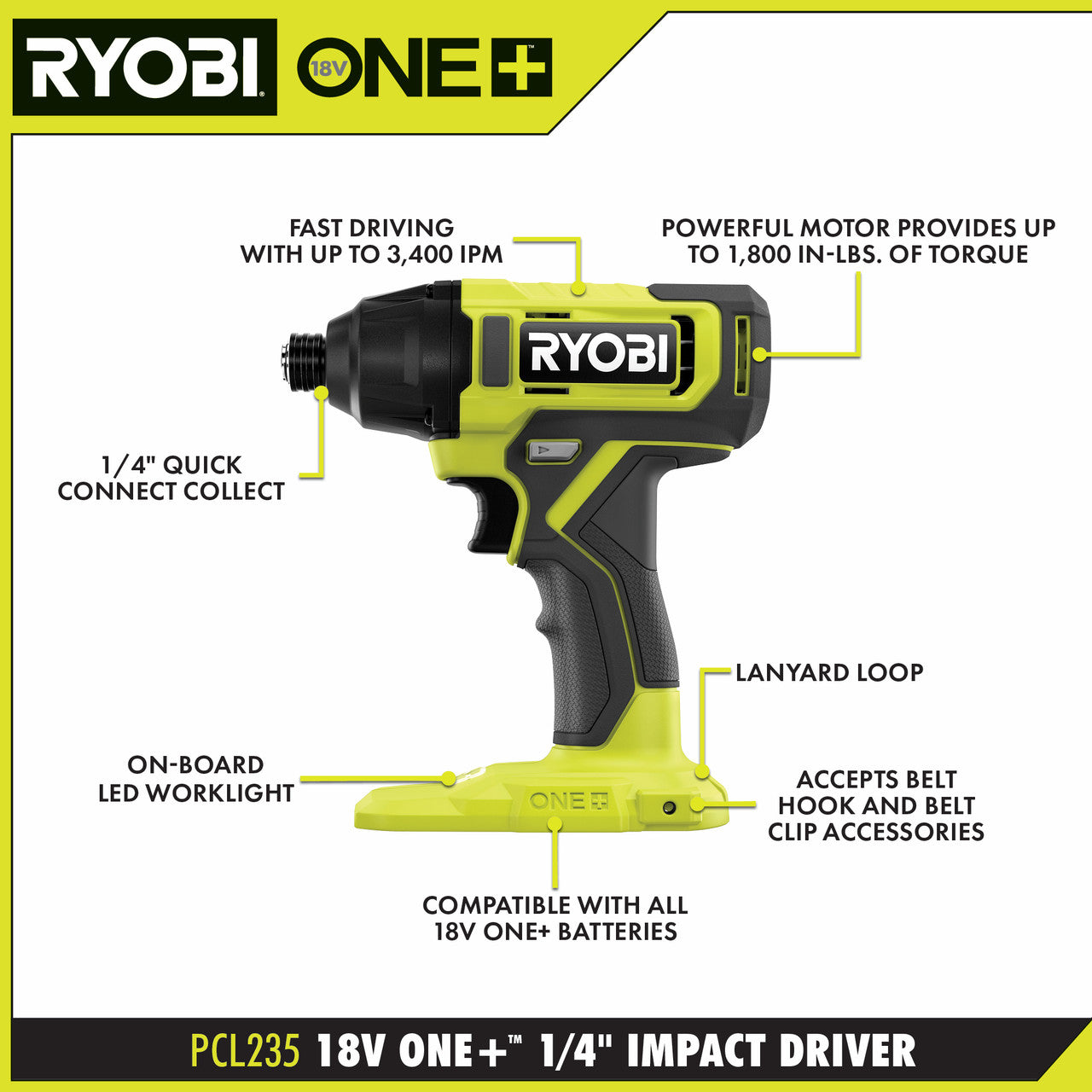 Like New - RYOBI 18V ONE+ Lithium-Ion Cordless 1/4-inch Impact Driver (Tool-Only) PCL235B