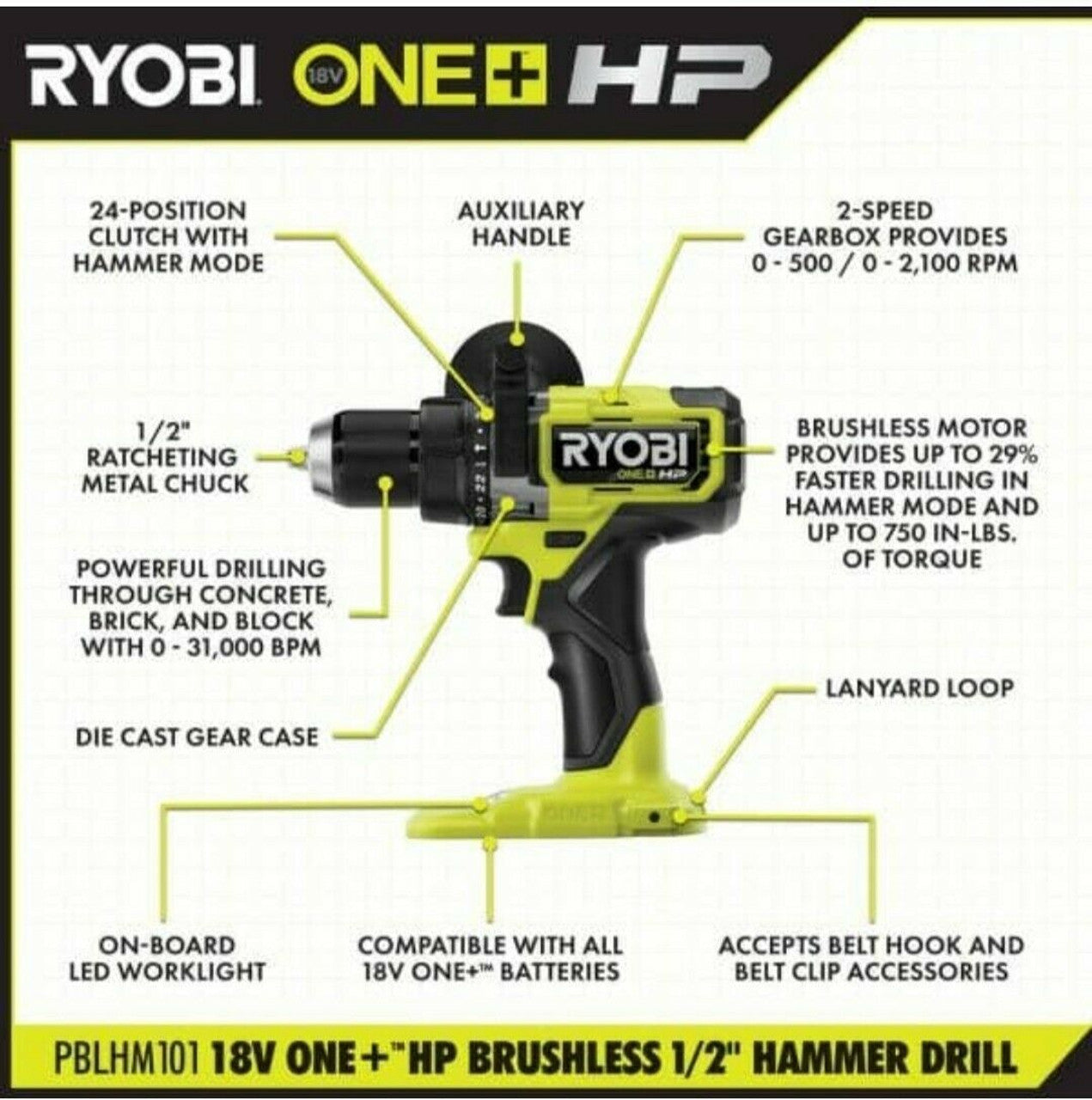 Like New - RYOBI ONE+ HP 18V Brushless Cordless 1/2 in. Hammer Drill (Tool Only)