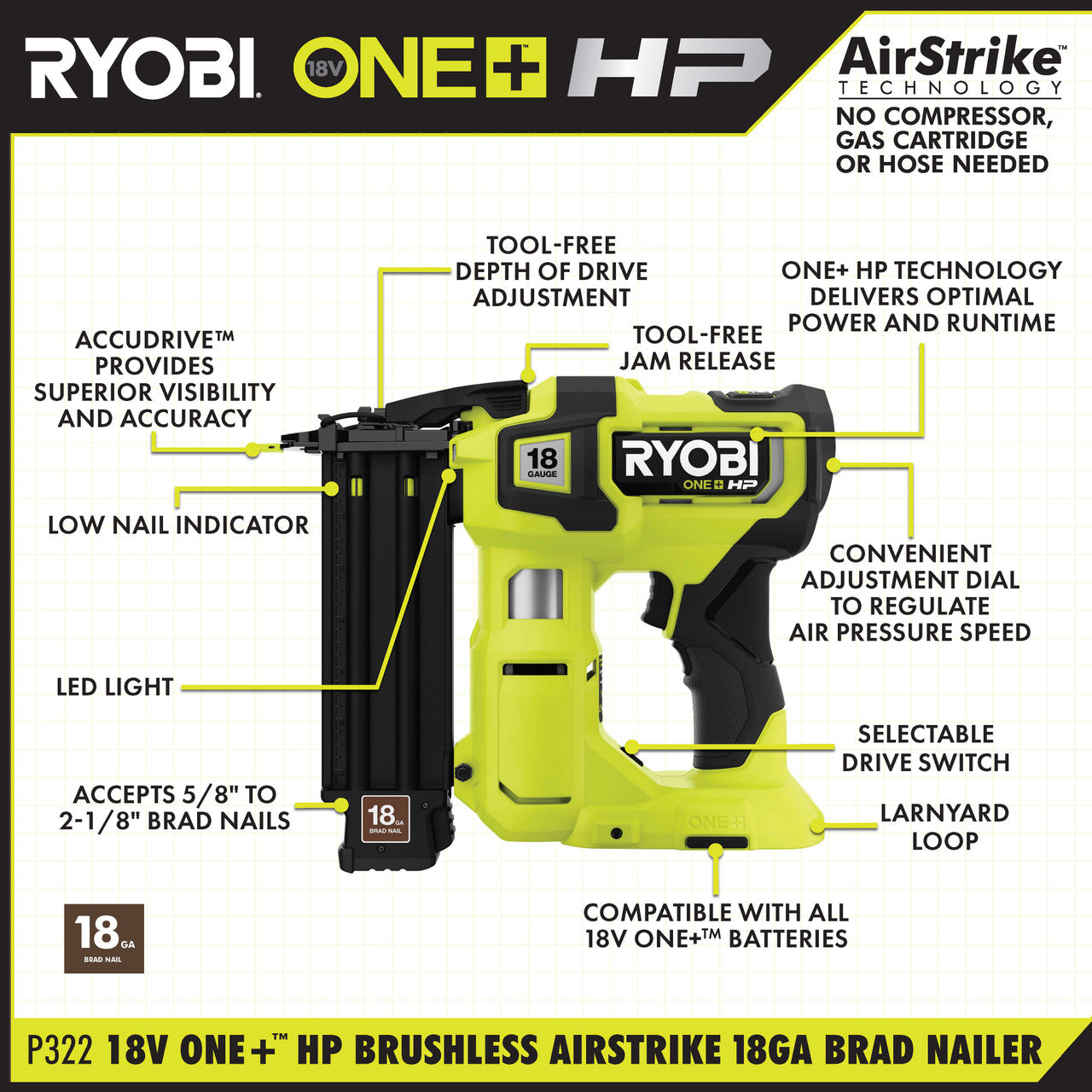 Like New -  RYOBI ONE+ HP 18V 18-Gauge Brushless Cordless AirStrike Brad Nailer (Tool Only)